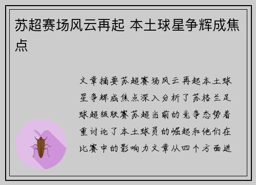 苏超赛场风云再起 本土球星争辉成焦点 苏超赛场风云再起 本土球星争辉成焦点
